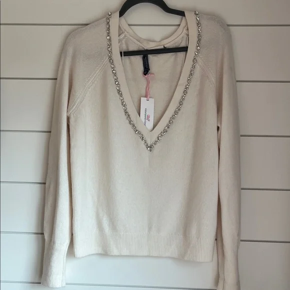 Vineyard Vines Cream Merino Wool Sweater with Embellished Neckline Size XL NWT - Picture 1 of 7